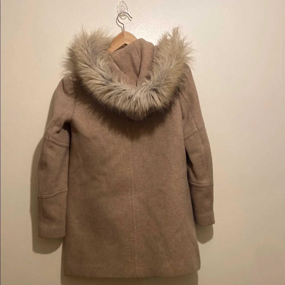 J. Crew Chateau Stadium Cloth Woo Blend Tan Coat with Faux Fur Hood. Size 0